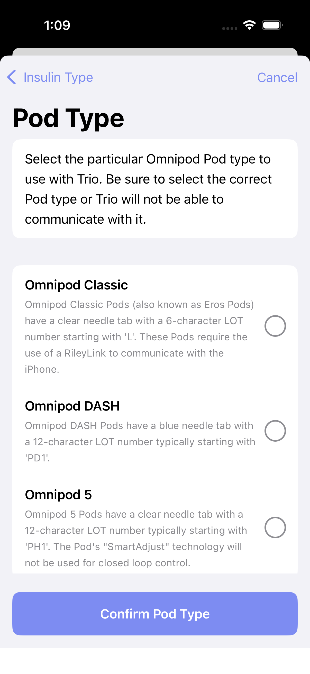 All Omnipod Types Screen 1